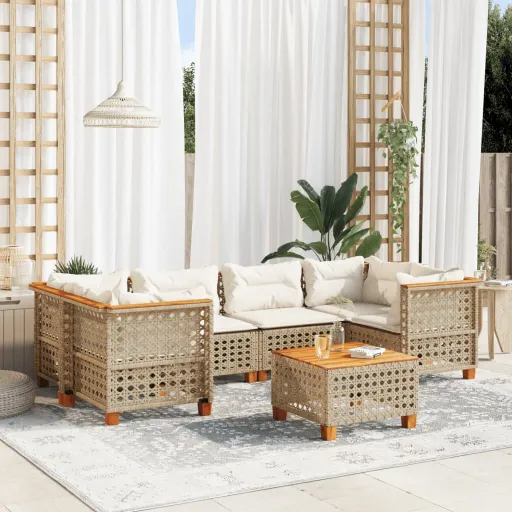 Conjunto de Sofás p/ Jardim com Almofadões Vime PE Bege (7 pcs)