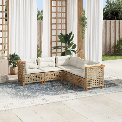 Conjunto de Sofás p/ Jardim com Almofadões Vime PE Bege (5 pcs)