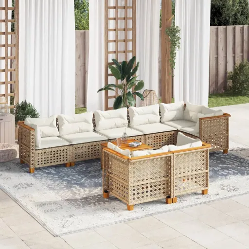 Conjunto de Sofás p/ Jardim com Almofadões Vime PE Bege (9 pcs)