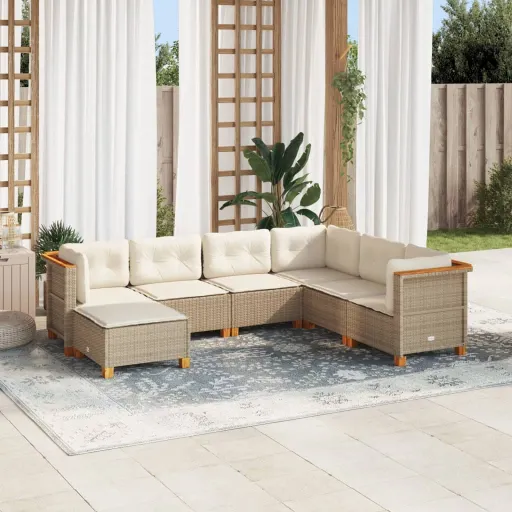 Conjunto de Sofás p/ Jardim com Almofadões Vime PE Bege (7 pcs)
