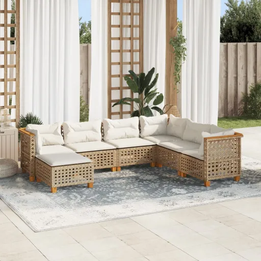 Conjunto de Sofás p/ Jardim com Almofadões Vime PE Bege (7 pcs)