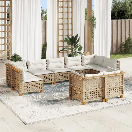 Conjunto de Sofás p/ Jardim com Almofadões Vime PE Bege (9 pcs)