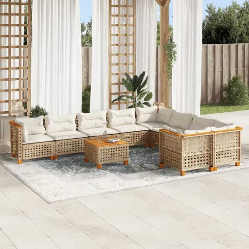 Conjunto de Sofás p/ Jardim com Almofadões Vime PE Bege (10 pcs)