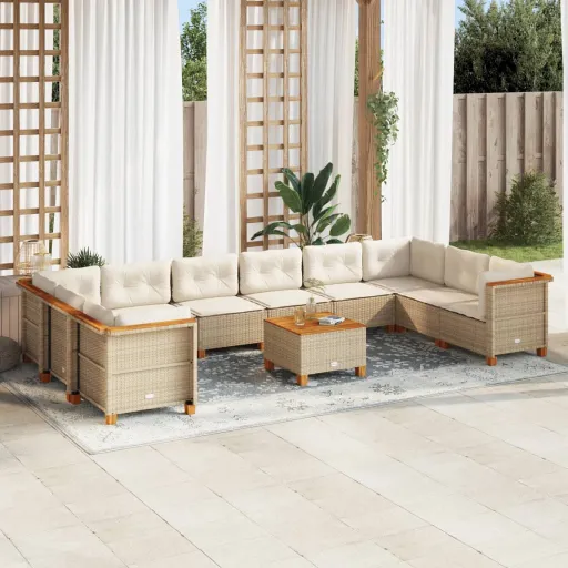 Conjunto Sofás de Jardim c/ Almofadões Vime PE Bege (11 pcs)