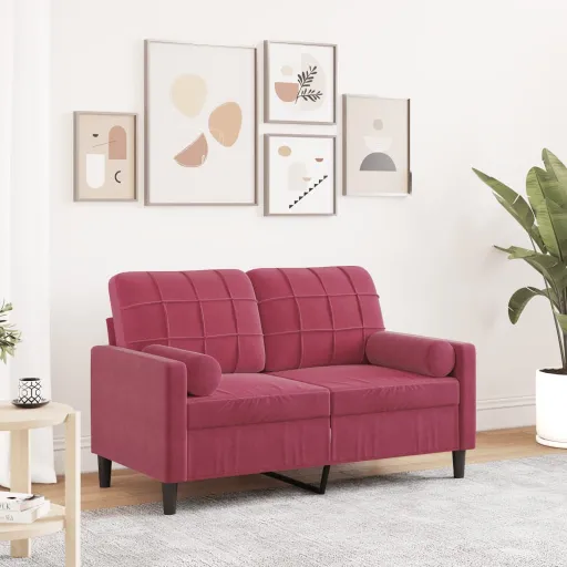 Sofá 2 Lug. + Almofadas Decorativas 120cm Veludo Vermelho Tinto