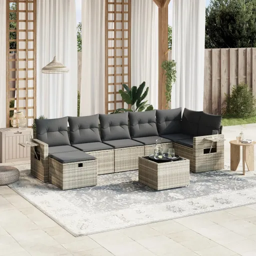 Conj. Sofás Jardim c/ Almofadões Vime PE Cinzento-Claro (8 pcs)