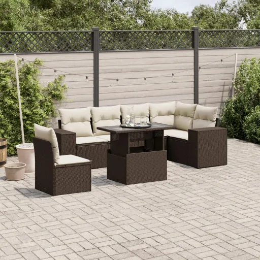 Conjunto de Sofás Jardim c/ Almofadões Vime PE Castanho (7 pcs)
