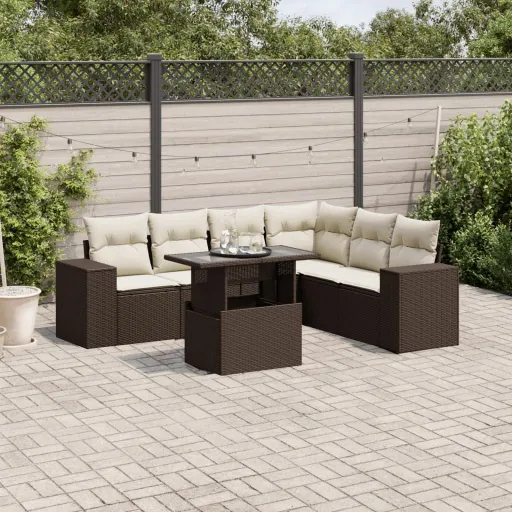 Conjunto de Sofás Jardim c/ Almofadões Vime PE Castanho (7 pcs)