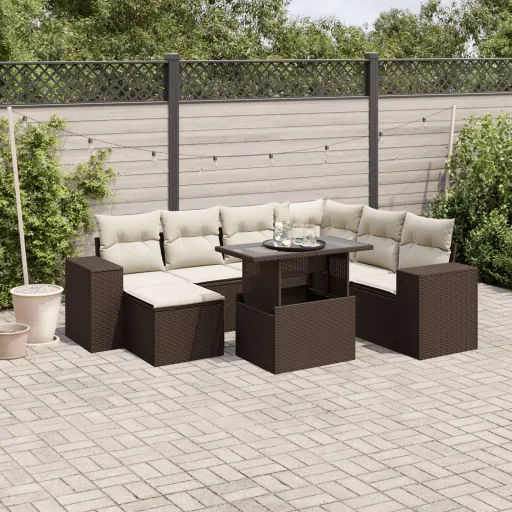 Conjunto Sofás de Jardim c/ Almofadões Vime PE Castanho (8 pcs)