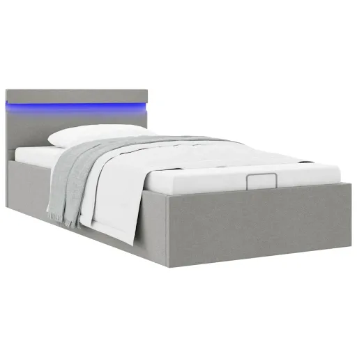 Cama Hidráulica Arrumação c/ LED 90x200cm Tecido Cinzento-Claro