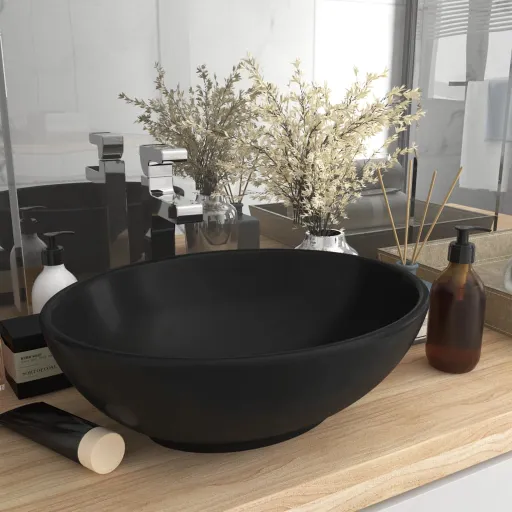 Lavatório Luxuoso Formato Oval 40x33 cm Cerâmica Preto Mate