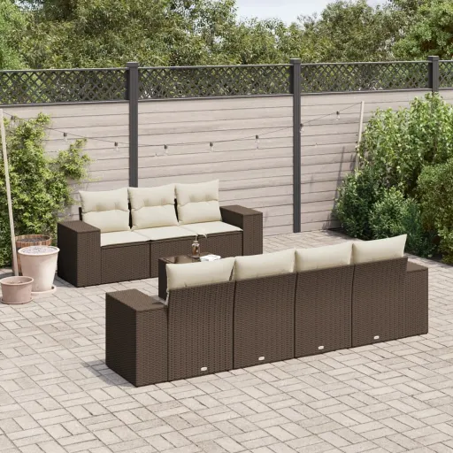 Conjunto Sofás de Jardim c/ Almofadões Vime PE Castanho (8 pcs)