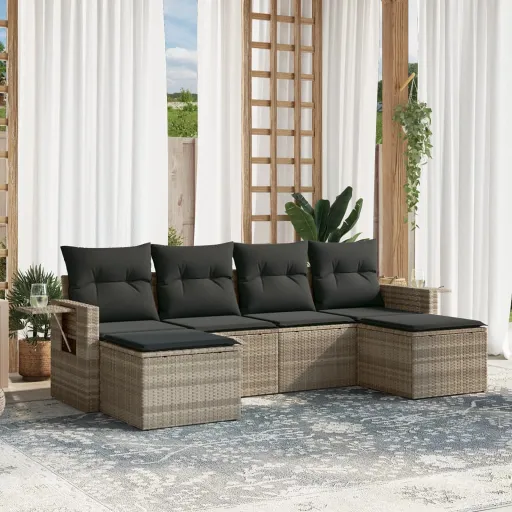 Conj. Sofás Jardim com Almofadões Vime PE Cinzento-Claro (6 pcs)
