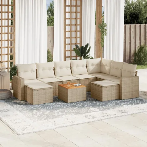 Conjunto de Sofás p/ Jardim com Almofadões Vime PE Bege (10 pcs)