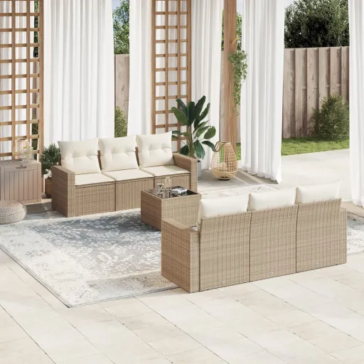 Conjunto de Sofás p/ Jardim com Almofadões Vime PE Bege (7 pcs)