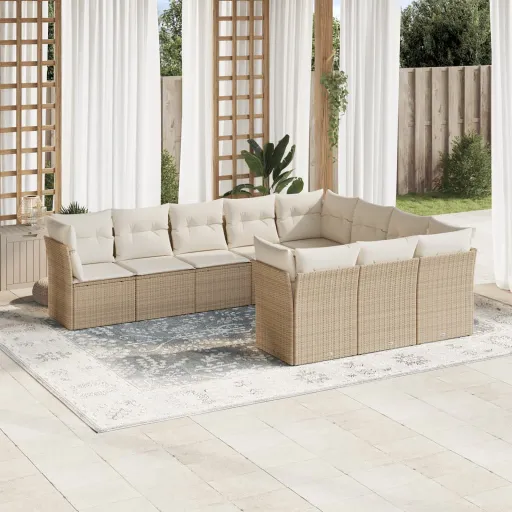 Conjunto de Sofás p/ Jardim com Almofadões Vime PE Bege (10 pcs)