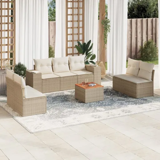 Conjunto de Sofás p/ Jardim com Almofadões Vime PE Bege (8 pcs)