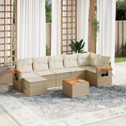 Conjunto de Sofás p/ Jardim com Almofadões Vime PE Bege (8 pcs)