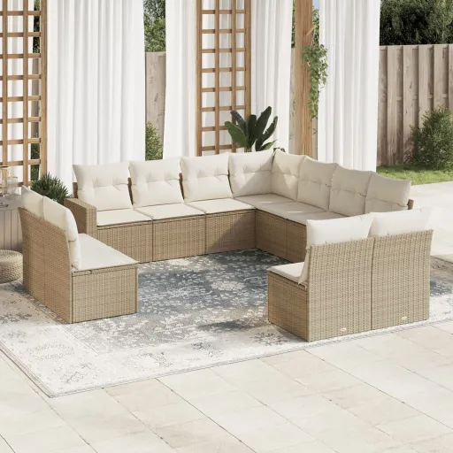 Conjunto Sofás de Jardim c/ Almofadões Vime PE Bege (11 pcs)
