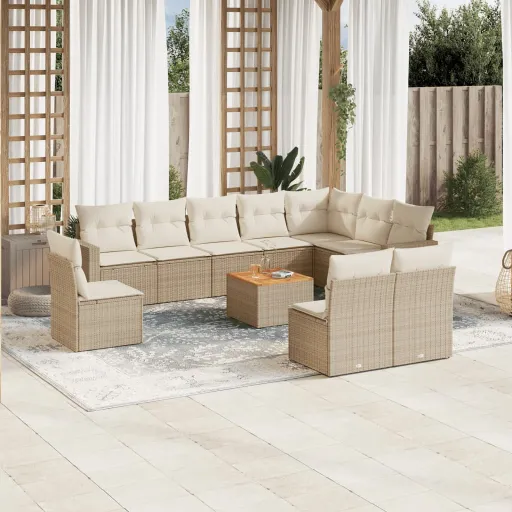 Conjunto Sofás de Jardim c/ Almofadões Vime PE Bege (11 pcs)