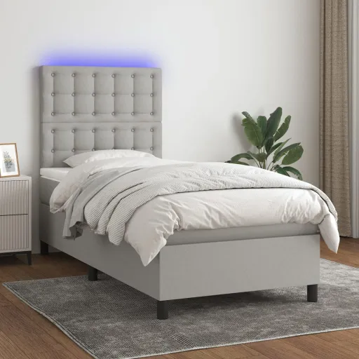 Cama Box Spring c/ Colchão e LED 90x200 cm Tecido Cinza-Claro