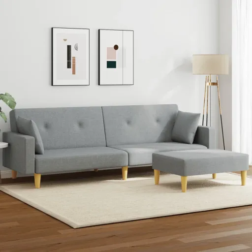Sofá-Cama de 2 Lugares c/ Apoio de Pés Tecido Cinzento-Claro