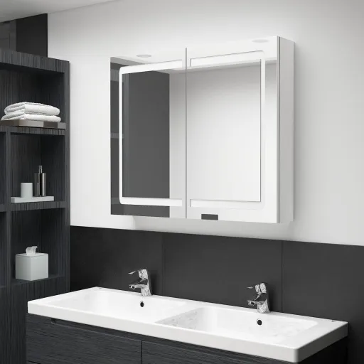 Armário Espelhado Casa de Banho LED 80x12x68cm Branco Brilhante