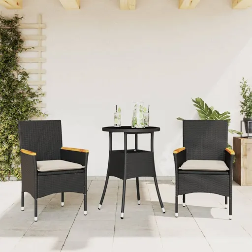 Conjunto Jantar Jardim c/ Almofadões Vime PE/Vidro Preto (3 pcs)