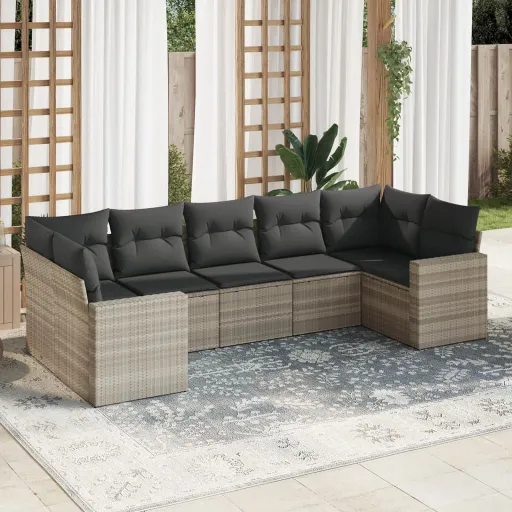 Conj. Sofás Jardim com Almofadões Vime PE Cinzento-Claro (7 pcs)