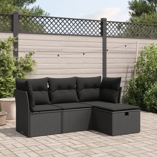 Conjunto de Sofás para Jardim c/ Almofadões Vime PE Preto (4 pcs)