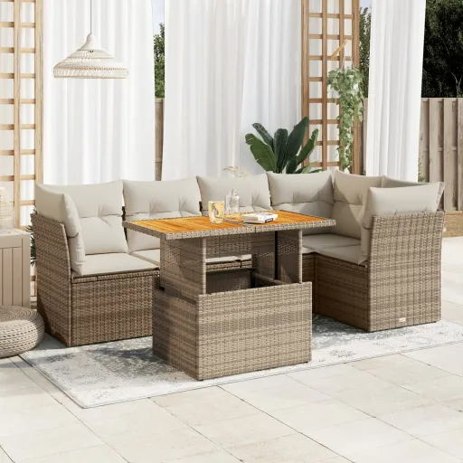 Conjunto de Sofás p/ Jardim com Almofadões Vime PE Bege (6 pcs)