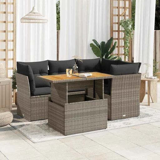 Conjunto Sofás de Jardim c/ Almofadões Vime PE Cinzento (5 pcs)