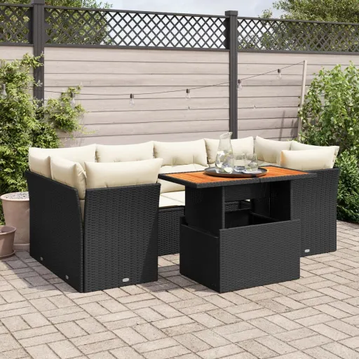 Conjunto de Sofás p/ Jardim c/ Almofadões Vime PE Preto (7 pcs)