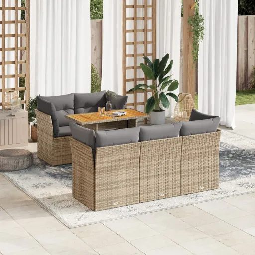 Conjunto de Sofás p/ Jardim com Almofadões Vime PE Bege (6 pcs)