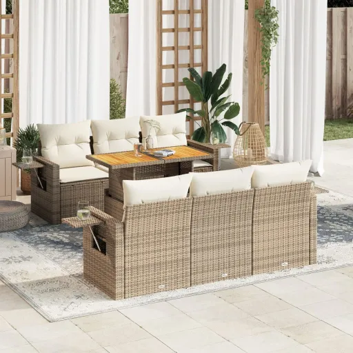 Conjunto de Sofás p/ Jardim com Almofadões Vime PE Bege (7 pcs)