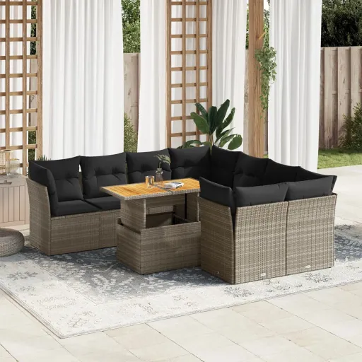 Conjunto Sofás p/ Jardim com Almofadões Vime PE Cinzento (9 pcs)