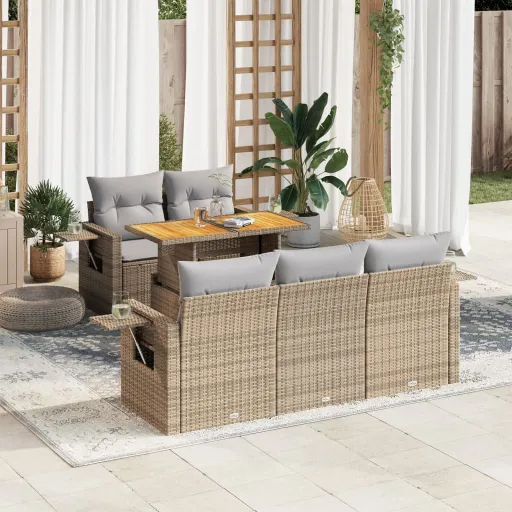 Conjunto de Sofás p/ Jardim com Almofadões Vime PE Bege (6 pcs)