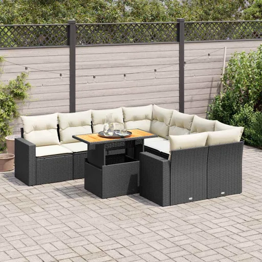 Conjunto de Sofás p/ Jardim c/ Almofadões Vime PE Preto (9 pcs)