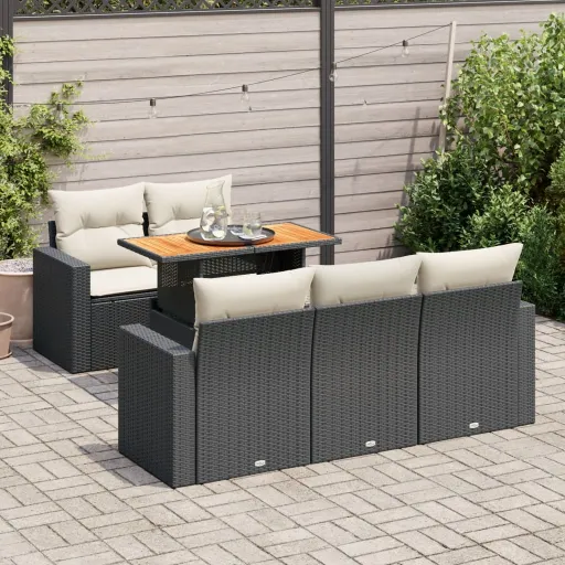 Conjunto Sofás de Jardim c/ Almofadões Vime PE Preto (6 pcs)