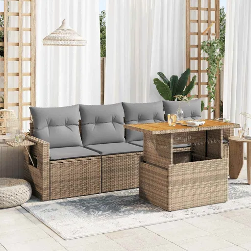 Conjunto de Sofás p/ Jardim com Almofadões Vime PE Bege (5 pcs)