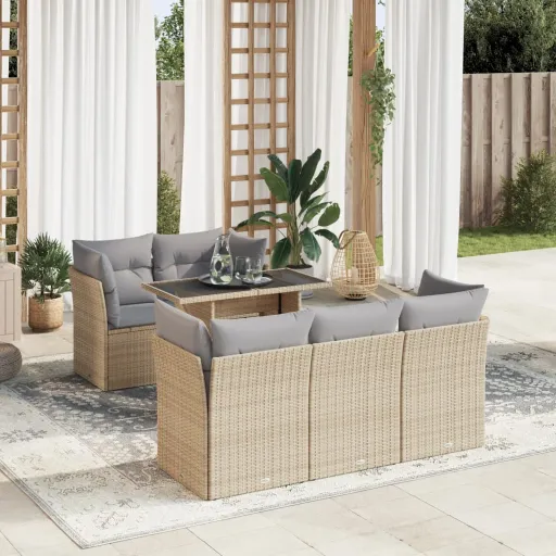 Conjunto de Sofás p/ Jardim com Almofadões Vime PE Bege (6 pcs)