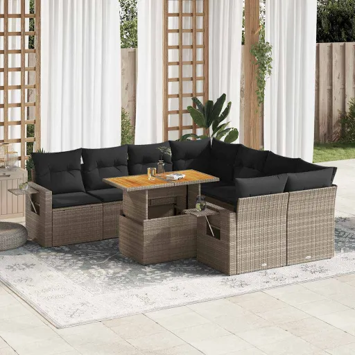 Conjunto Sofás p/ Jardim com Almofadões Vime PE Cinzento (9 pcs)