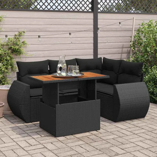Conjunto Sofás de Jardim com Almofadões Vime PE Preto (5 pcs)