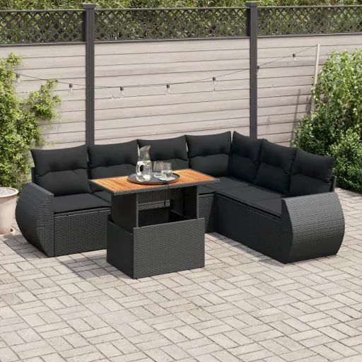 Conjunto de Sofás p/ Jardim c/ Almofadões Vime PE Preto (7 pcs)