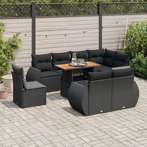 Conjunto de Sofás p/ Jardim c/ Almofadões Vime PE Preto (9 pcs)