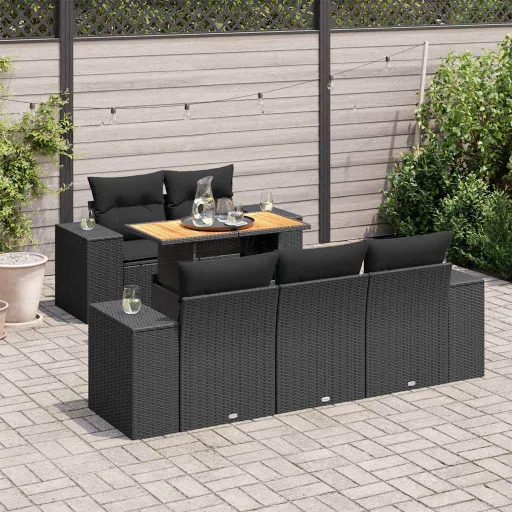Conjunto Sofás de Jardim c/ Almofadões Vime PE Preto (6 pcs)