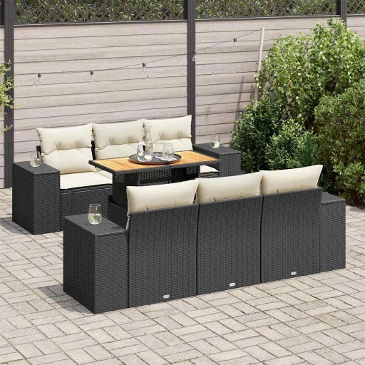 Conjunto de Sofás p/ Jardim c/ Almofadões Vime PE Preto (7 pcs)