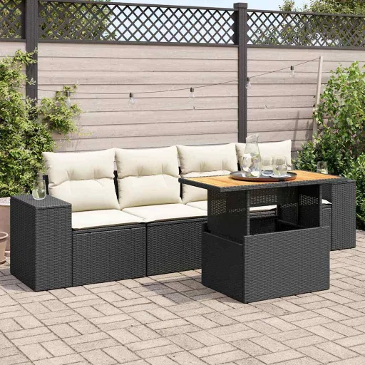 Conjunto Sofás de Jardim com Almofadões Vime PE Preto (5 pcs)