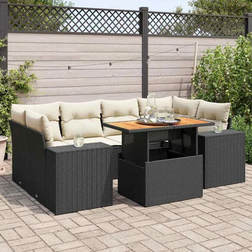 Conjunto de Sofás p/ Jardim c/ Almofadões Vime PE Preto (7 pcs)