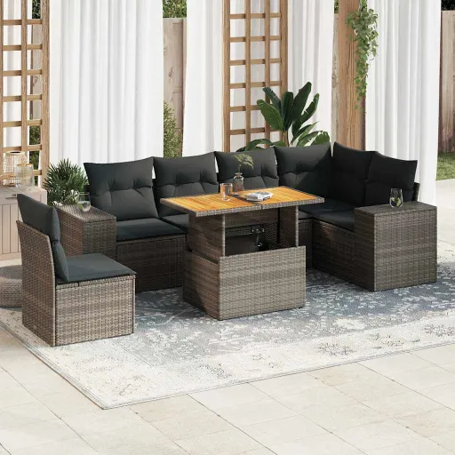 Conjunto Sofás p/ Jardim c/ Almofadões Vime PE Cinzento (7 pcs)